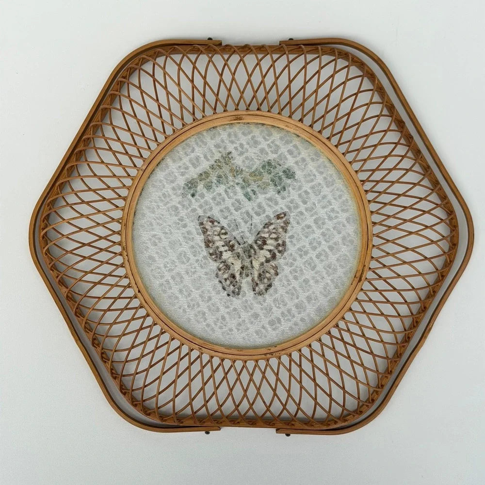 Vintage Basket Jetline Japan Rattan Bamboo‎ Lucite Butterfly Floral Boho Cottage